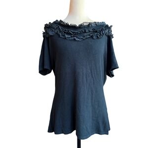 J Peterman Black Off The Shoulder Ruffle Neck Short Sleeve Knit Top Woman's M